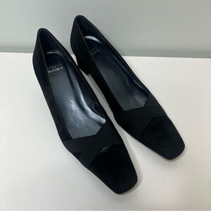 Stuart Weitzman Black Suede Low Block Heels Womens Size 8.5 Shoes Square Toe